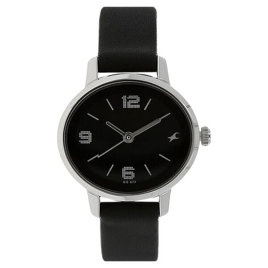 Fastrack 6107SL02 Analog Quartz Women Watch – Black Dial, Black Leather Strap, Minimal Everyday Style