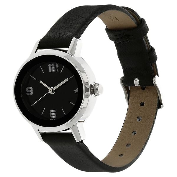 Fastrack 6107SL02 Analog Quartz Women Watch – Black Dial, Black Leather Strap, Minimal Everyday Style