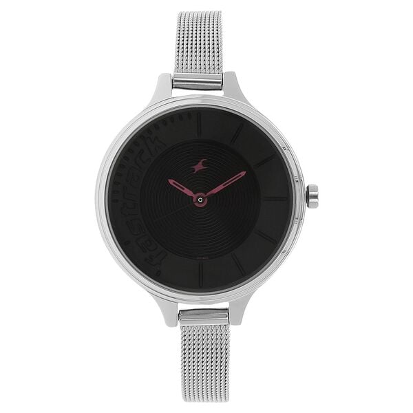 Fastrack 6122SM03 Analog Quartz Women Watch – Black Dial, Silver Stainless Steel Mesh Strap, Trendy Everyday Style