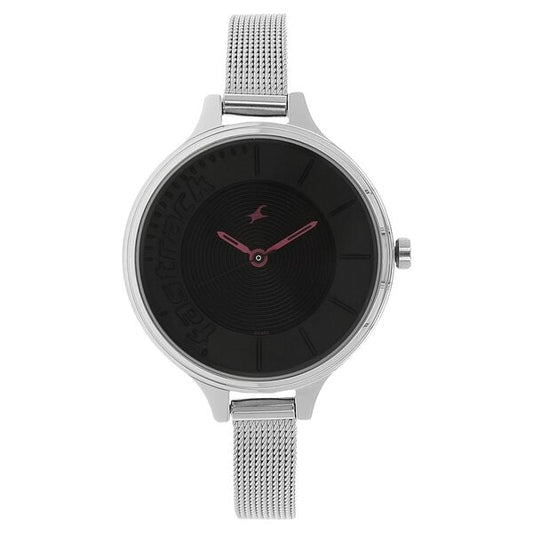 Fastrack 6122SM03 Analog Quartz Women Watch – Black Dial, Silver Stainless Steel Mesh Strap, Trendy Everyday Style