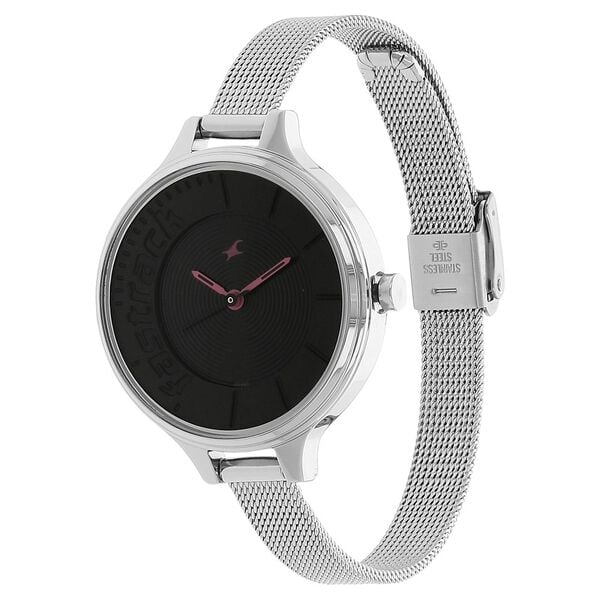 Fastrack 6122SM03 Analog Quartz Women Watch – Black Dial, Silver Stainless Steel Mesh Strap, Trendy Everyday Style