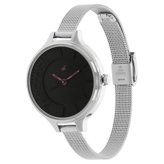 Fastrack 6122SM03 Analog Quartz Women Watch – Black Dial, Silver Stainless Steel Mesh Strap, Trendy Everyday Style