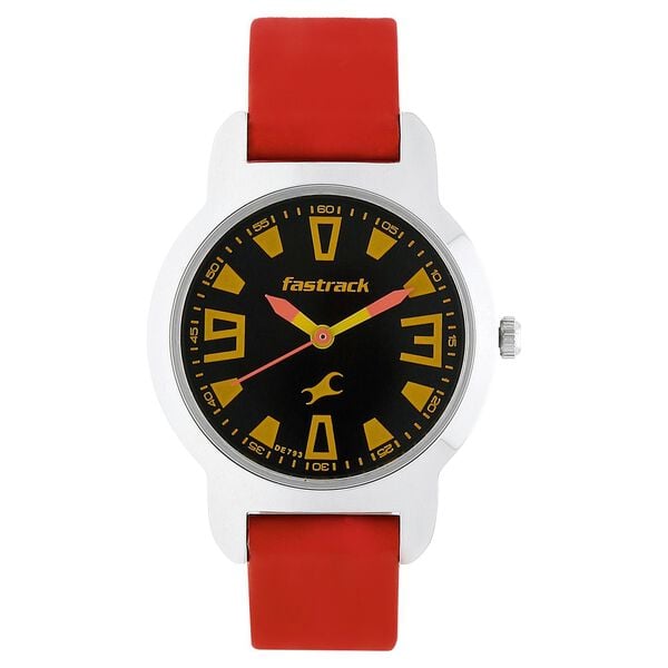 Fastrack 6127SL01 Analog Quartz Women’s Watch | Black Dial | Silver Case | Red Leather Strap | 50 m Water Resistant