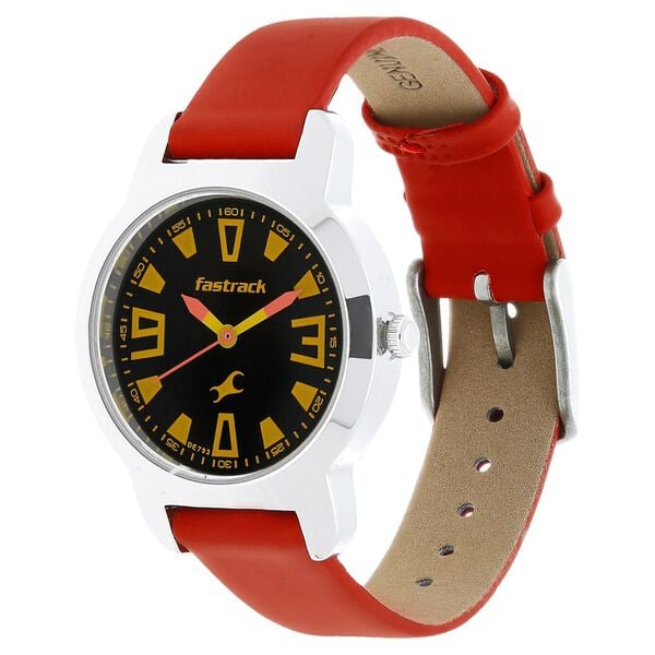 Fastrack 6127SL01 Analog Quartz Women’s Watch | Black Dial | Silver Case | Red Leather Strap | 50 m Water Resistant