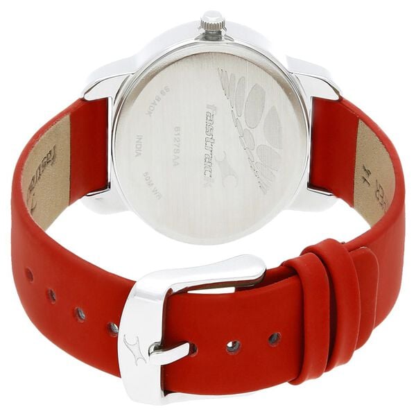 Fastrack 6127SL01 Analog Quartz Women’s Watch | Black Dial | Silver Case | Red Leather Strap | 50 m Water Resistant