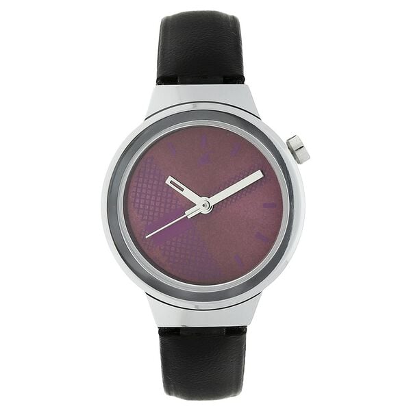 Fastrack 6149SL01 Quartz Analog Girls’ Watch | Purple Dial | Black Leather Strap | Round Case | 24 Months Warranty
