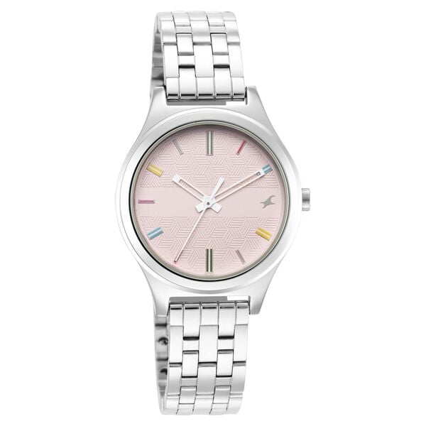 Fastrack 6152SM04 Stunners Quartz Analog Women’s Watch | Pink Dial | Silver Metal Strap | Round Case | Mineral Glass | 30 m Water Resistant | 24-Month Warranty