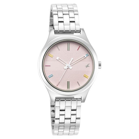 Fastrack 6152SM04 Stunners Quartz Analog Women’s Watch | Pink Dial | Silver Metal Strap | Round Case | Mineral Glass | 30 m Water Resistant | 24-Month Warranty