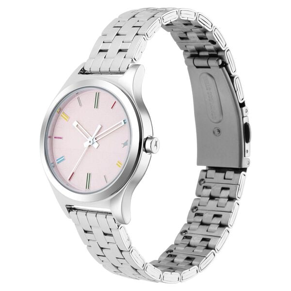 Fastrack 6152SM04 Stunners Quartz Analog Women’s Watch | Pink Dial | Silver Metal Strap | Round Case | Mineral Glass | 30 m Water Resistant | 24-Month Warranty