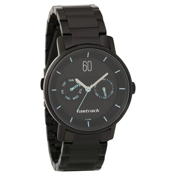 Fastrack 3298NM01 Analog Quartz Men Watch – Black Dial with Blue Accents, Stainless Steel Strap, Day & Date Display