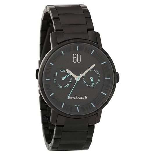 Fastrack 3298NM01 Analog Quartz Men Watch – Black Dial with Blue Accents, Stainless Steel Strap, Day & Date Display