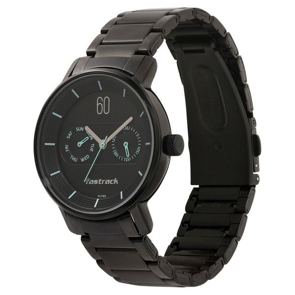 Fastrack 3298NM01 Analog Quartz Men Watch – Black Dial with Blue Accents, Stainless Steel Strap, Day & Date Display