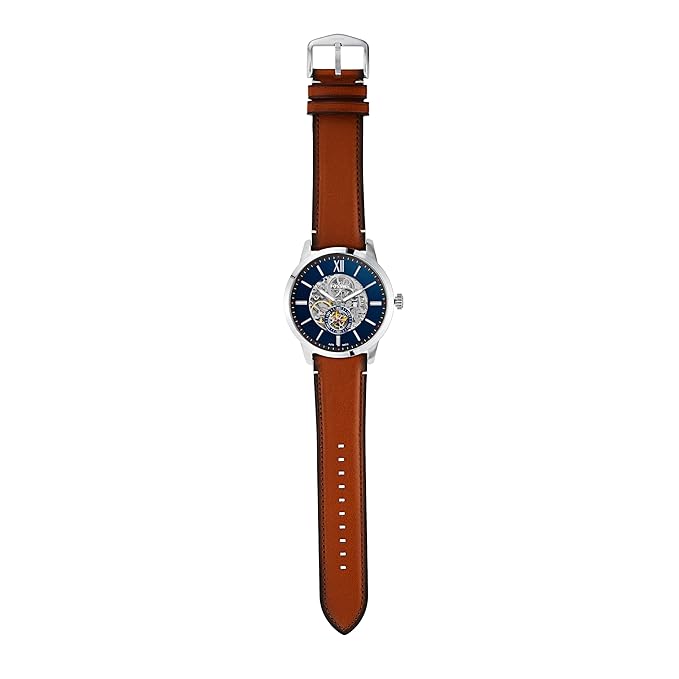 Fossil ME3154 Men's Automatic Skeleton Watch Blue Dial Brown Leather Strap