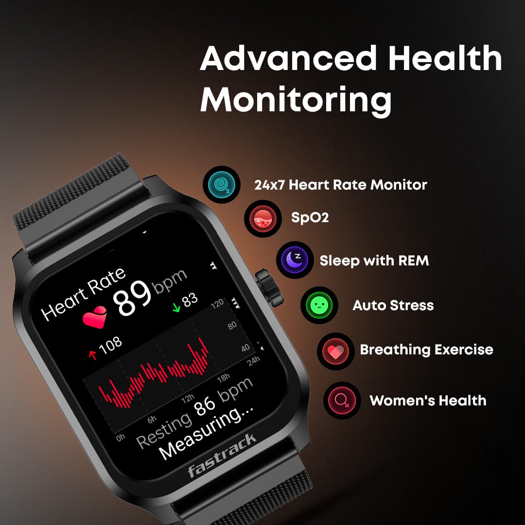 Fastrack 38157PM05K Jupiter Retro Smartwatch 1.83" UltraVU HD Display Bluetooth Calling Black Mesh Metal Strap