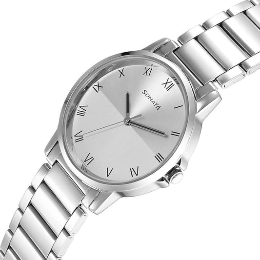 Sonata 77083SM06 Quartz Analog Silver Dial Stainless Steel Strap Men's Watch