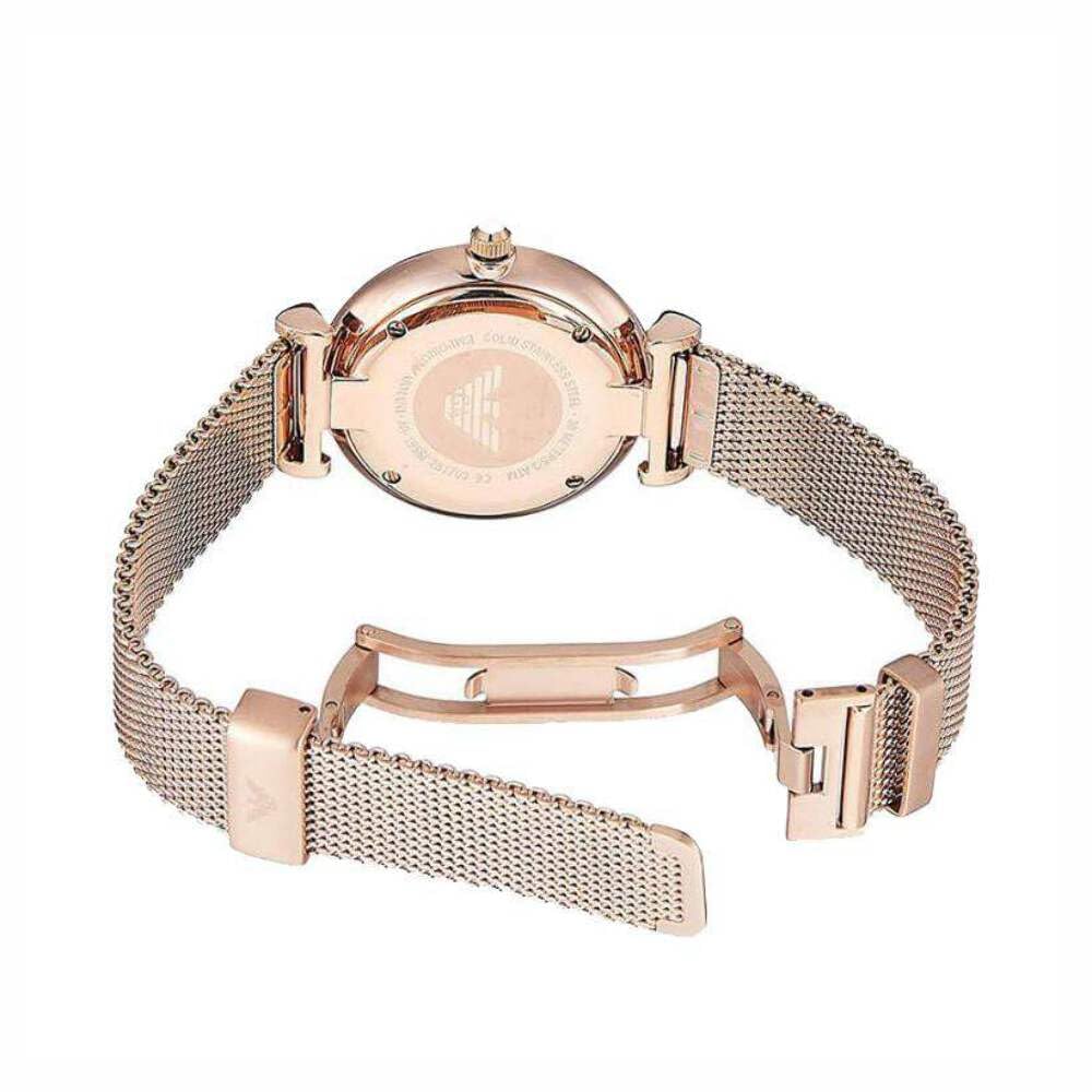 Emporio Armani AR1956 Gianni T-Bar Women's Silver Dial Rose Gold Mesh Stainless Steel Watch