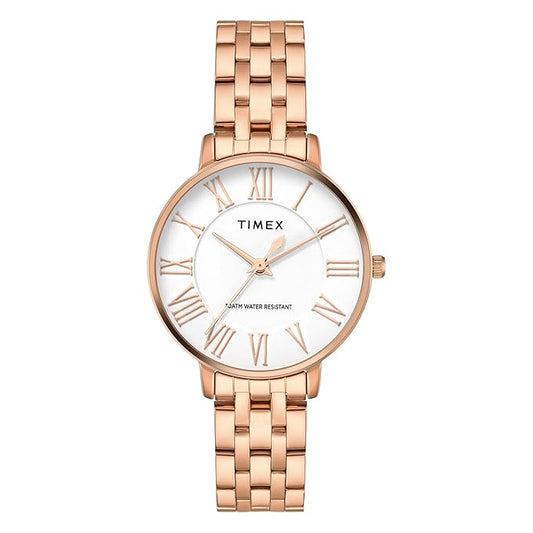 Timex TWEL19108 Women’s White Dial Analog Watch with Stainless Steel Strap