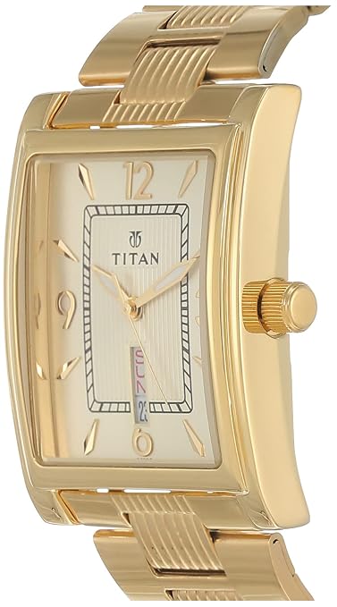 Titan 90024YM07 Champagne Dial Analog Quartz Stainless Steel Men’s Watch – Golden Band, Rectangular Case, Day & Date