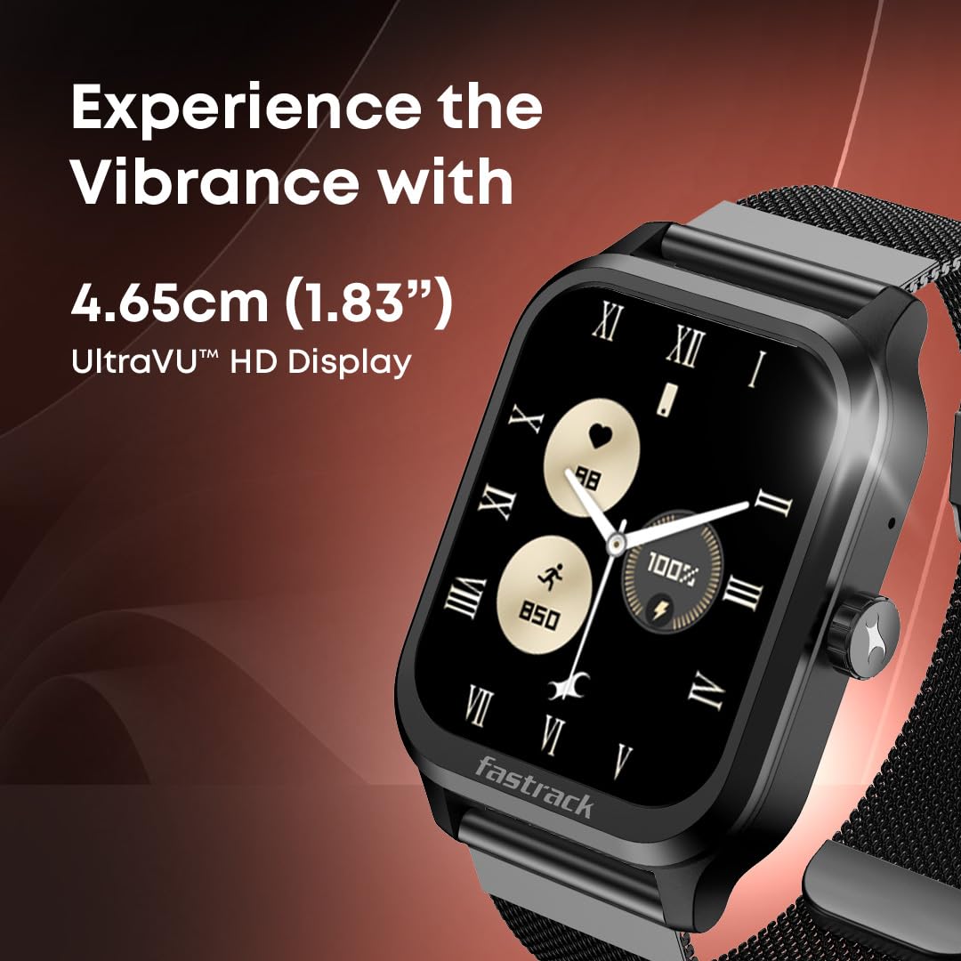 Fastrack 38157PM05K Jupiter Retro Smartwatch 1.83" UltraVU HD Display Bluetooth Calling Black Mesh Metal Strap