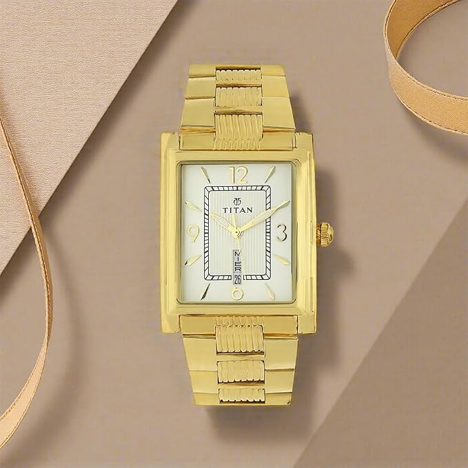 Titan 90024YM07 Champagne Dial Analog Quartz Stainless Steel Men’s Watch – Golden Band, Rectangular Case, Day & Date