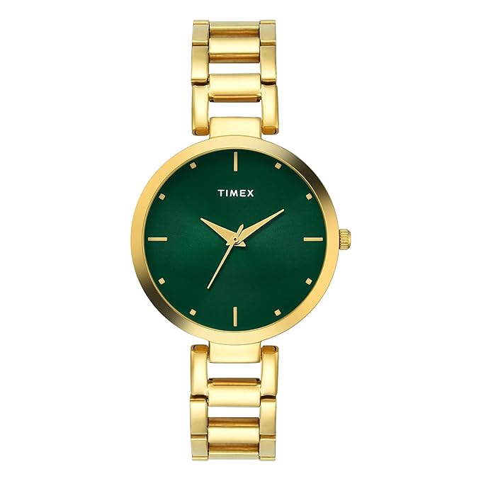 Timex TW000X275 Green Dial Analog Watch for Women – Stainless Steel Strap, Round Brass Case, 35 MM