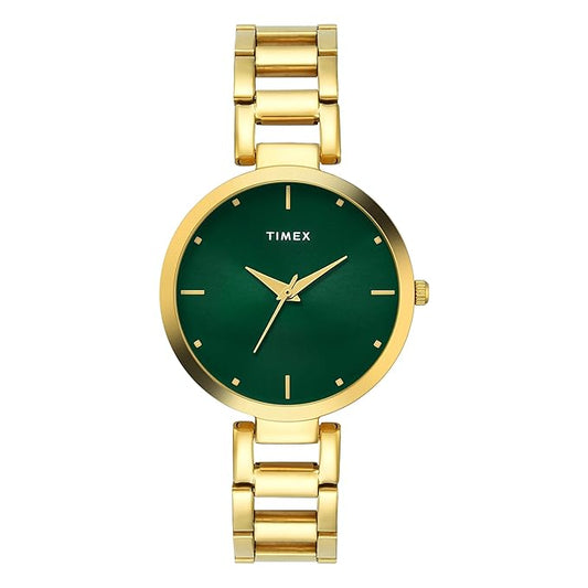 Timex TW000X275 Green Dial Analog Watch for Women – Stainless Steel Strap, Round Brass Case, 35 MM