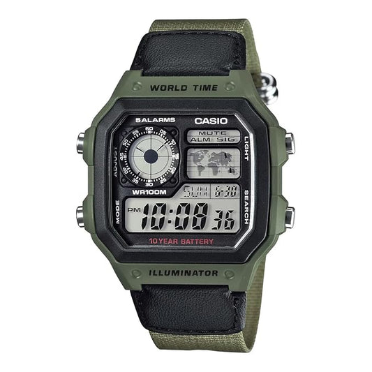 Casio D101 World Time Digital Green Fabric Strap Unisex Watch
