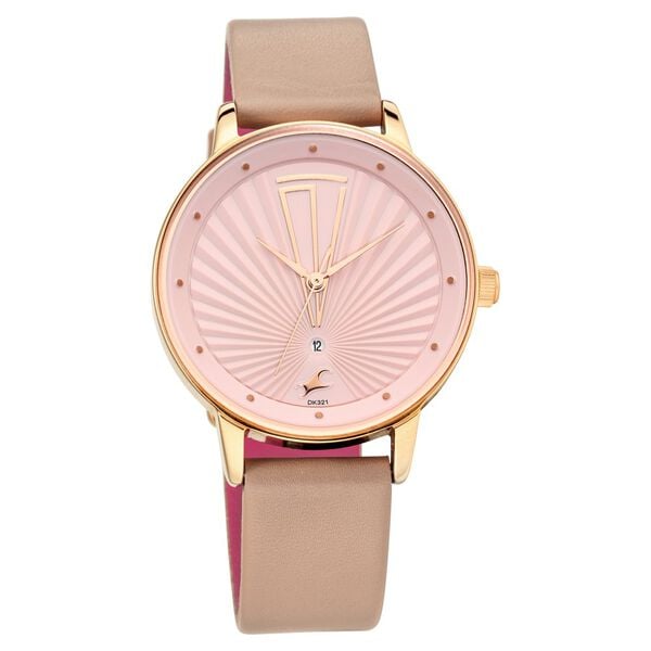 Fastrack 6206WL02 Quartz Analog Women’s Watch | Pink Dial | Beige Leather Strap | Round Case | Mineral Glass | 30 m Water Resistant | 24 Months Warranty