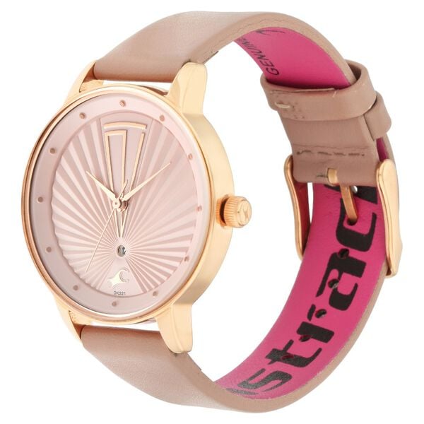 Fastrack 6206WL02 Quartz Analog Women’s Watch | Pink Dial | Beige Leather Strap | Round Case | Mineral Glass | 30 m Water Resistant | 24 Months Warranty