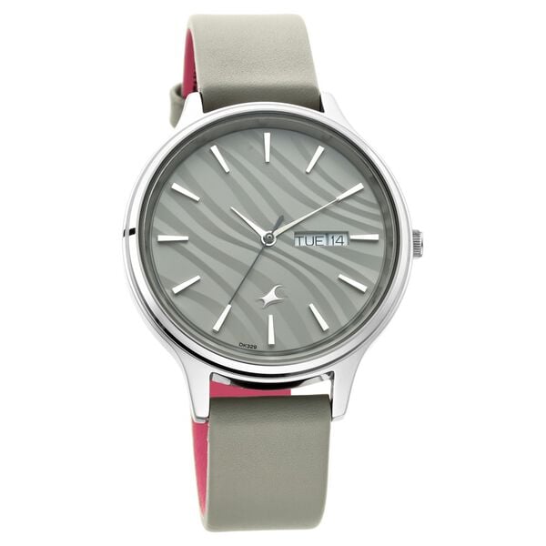 Fastrack 6207SL01 Analog Quartz Women Watch – Grey Dial, Grey Leather Strap, Day & Date Function