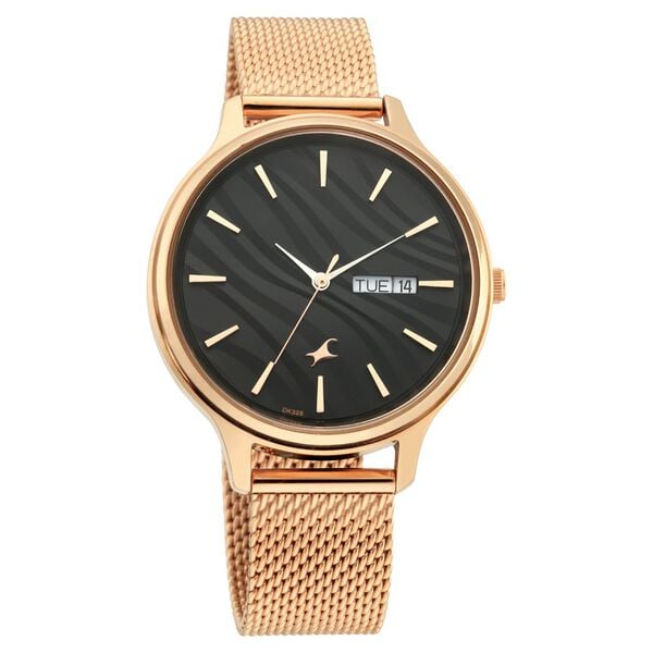 Fastrack Ruffles 6207WM01 rose‑gold mesh strap close up