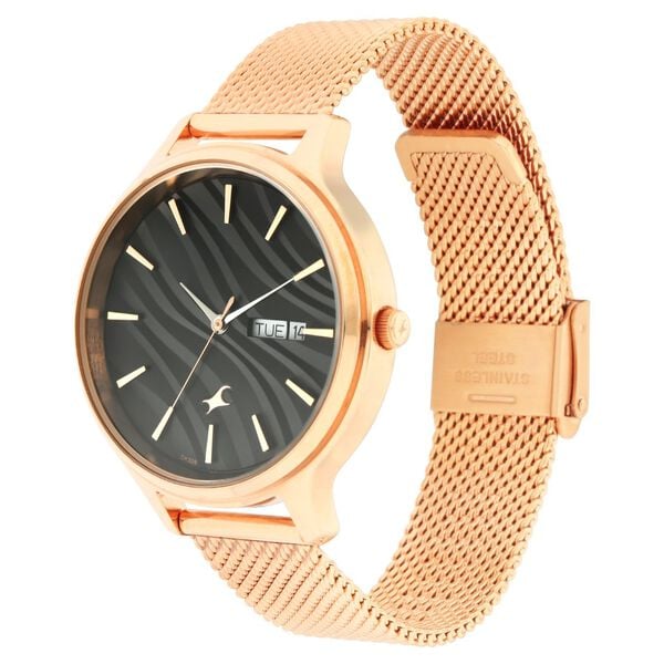 Fastrack 6207WM01 Ruffles Women’s Analog Watch Black Dial Rose‑Gold Mesh Strap