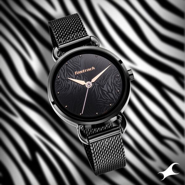 Fastrack 6221NM02 Animal Print Quartz Analog Black Dial Black Stainless Steel Strap Women’s Watch