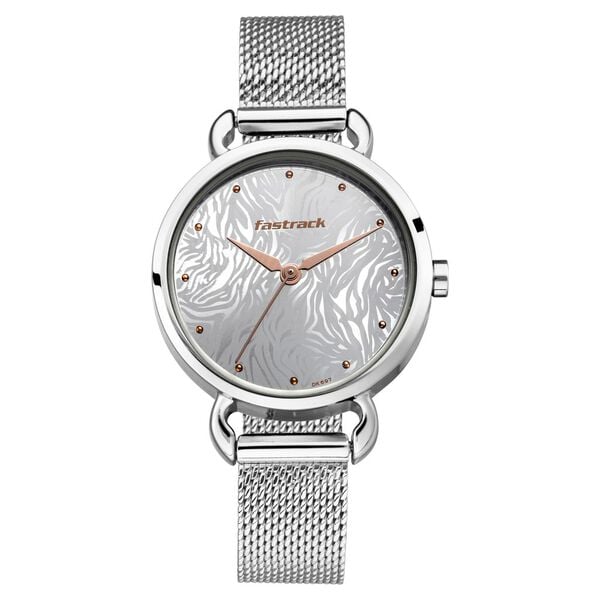 Fastrack 6221SM01 Analog Quartz Women Watch – Silver Dial, Silver Stainless Steel Strap, Animal Print Design