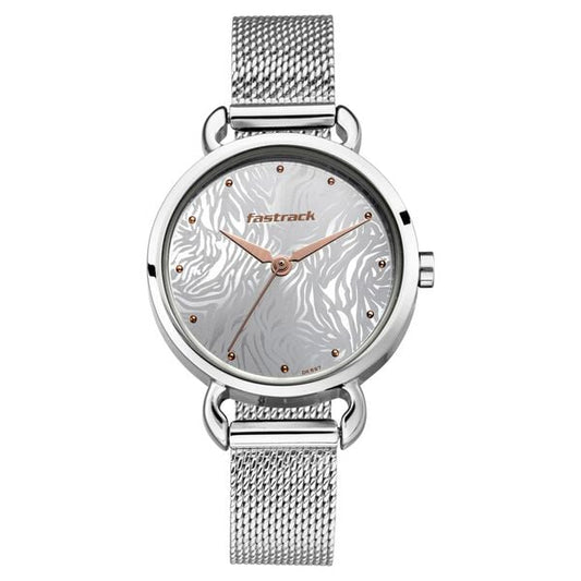 Fastrack 6221SM01 Analog Quartz Women Watch – Silver Dial, Silver Stainless Steel Strap, Animal Print Design