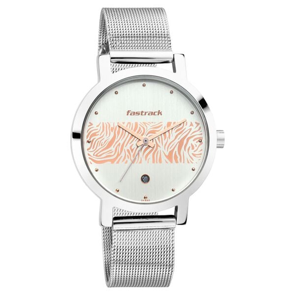 Fastrack 6222SM03 Analog Quartz Women Watch – Silver Dial, Silver Stainless Steel Mesh Strap, Animal Print Design