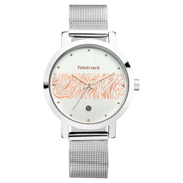 Fastrack NT6222SM03 women’s watch front view animal print dial