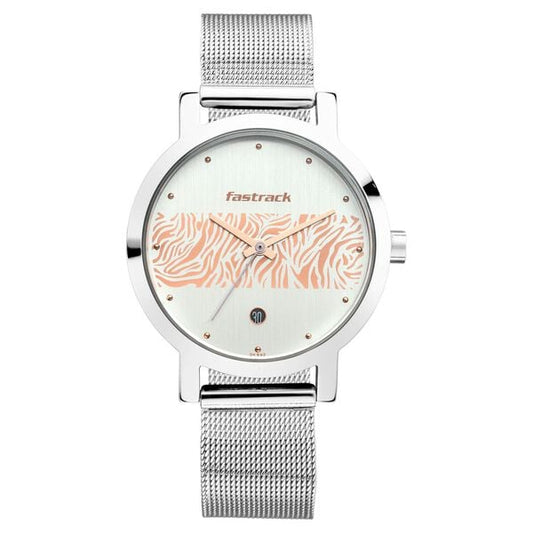 Fastrack NT6222SM03 women’s watch front view animal print dial