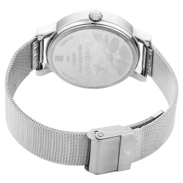 Fastrack 6222SM03 Analog Quartz Women Watch – Silver Dial, Silver Stainless Steel Mesh Strap, Animal Print Design