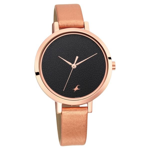 Fastrack 6230WL01 Analog Quartz Women Watch – Black Dial, Pink Leather Strap, 30 m Water Resistance