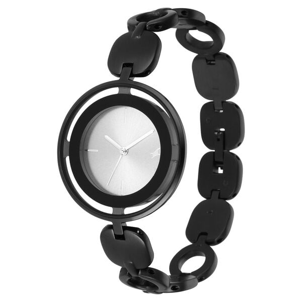 Fastrack 6237NM01 Analog Quartz Women Watch – Grey Dial, Black Metal Strap, Glitch Casual Style