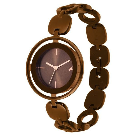 Fastrack 6237QM01 Analog Quartz Women Watch – Brown Dial, Brown Metal Strap, Glitch Casual Style