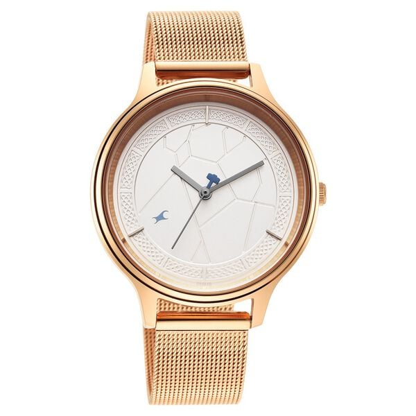 Fastrack 6269WM01 Analog Quartz Women Watch – Silver Dial, Rose Gold Stainless Steel Mesh Strap, 30 m Water Resistance