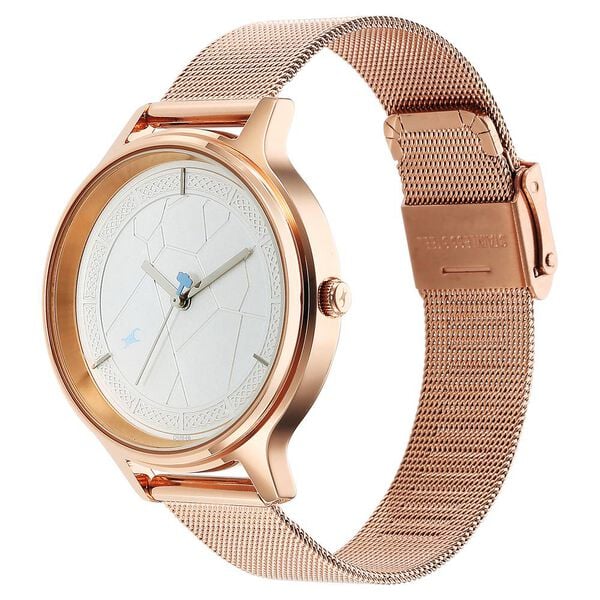 Fastrack 6269WM01 Analog Quartz Women Watch – Silver Dial, Rose Gold Stainless Steel Mesh Strap, 30 m Water Resistance