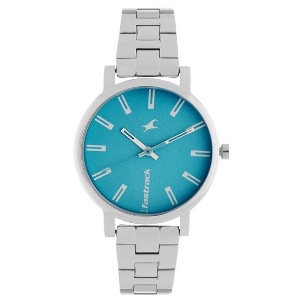 Fastrack 68010SM02 Quartz Analog Women’s Watch | Blue Dial | Silver Stainless Steel Bracelet | Round Case | Mineral Glass | 30 m Water Resistant | 24 Months Warranty — part of the Fastrack Fundamentals series
