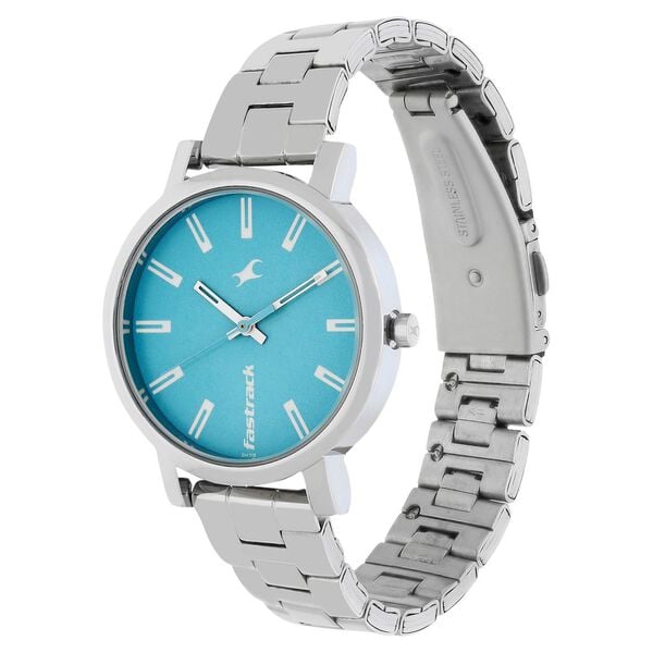 Fastrack 68010SM02 Quartz Analog Women’s Watch | Blue Dial | Silver Stainless Steel Bracelet | Round Case | Mineral Glass | 30 m Water Resistant | 24 Months Warranty — part of the Fastrack Fundamentals series