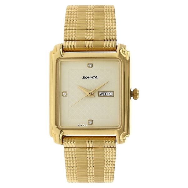 Sonata 7053YM08 Quartz Analog with Day and Date Champagne Dial Stainless Steel Strap Watch for Men – Champagne/Gold