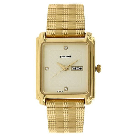 Sonata 7053YM08 Quartz Analog with Day and Date Champagne Dial Stainless Steel Strap Watch for Men – Champagne/Gold