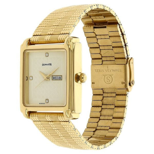 Sonata 7053YM08 Quartz Analog with Day and Date Champagne Dial Stainless Steel Strap Watch for Men – Champagne/Gold