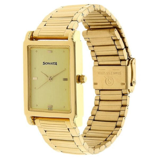 Sonata 7058YM02 Quartz Analog Champagne Dial Men’s Watch with Gold Metal Strap